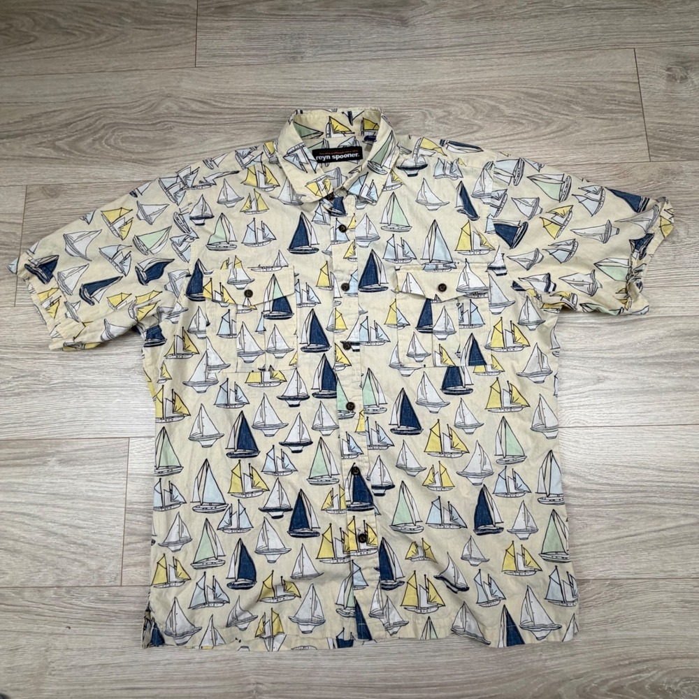 Reyn Spooner Mens Large Sailboat Print Cotton Short Sleeve Button Down‎ Shirt L